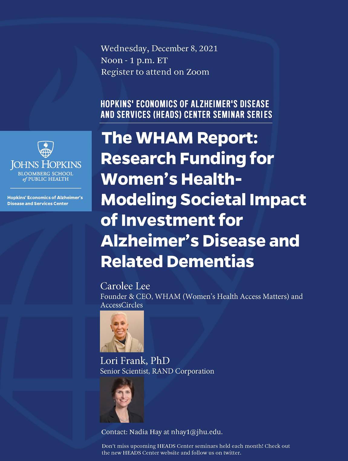 poster for Carolee Lee and Lori Frank's seminar: “The WHAM Report: Research Funding for Women’s Health- Modeling Societal Impact of Investment for Alzheimer’s Disease and Related Dementias”