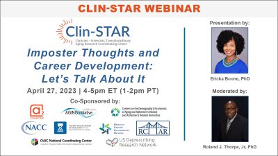Clin-STAR Webinar Imposter Thoughts and Career Development: Let’s Talk About It Thursday, April 27, 2023, 4-5 pm ET